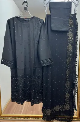 Pakistani Viscose Silk Stitched 3Pcs _ Black 