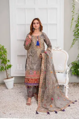 Pakistani Original Hayat's Luxury Organza Stitched 3Pcs _ Gray 