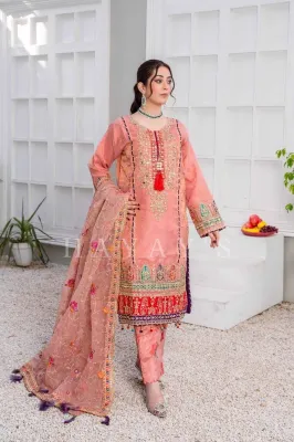 Pakistani Original Hayat's Luxury Organza Stitched 3Pcs _ Pink 