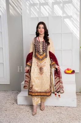 Pakistani Original Hayat's Luxury Organza Stitched 3Pcs _ Maroon & Beige 