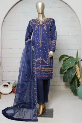 Pakistani Original Bin Saeed Organza Stitched 3Pcs _ Navy Blue