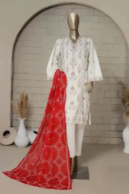 Original Bin Saeed Stitched 3 Piece Lawn Embroidered Suit_Off White