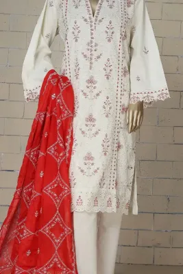 Original Bin Saeed Stitched 3 Piece Lawn Embroidered Suit_Off White