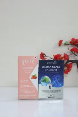 Jamsai Ginkgo Biloba Calcium + 20 Capsules MemberK Vita Collagen Strawberry -10 Sachets (Combo)