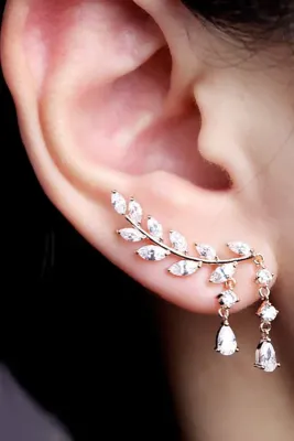 Crystal Drop Leaf Ear Cuff Earrings (1 Pair) 