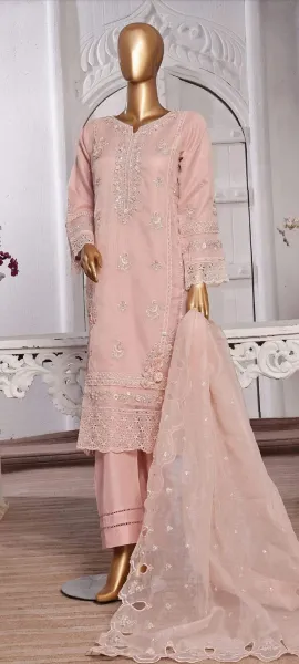 Pakistani Original Sadabahar Luxury Organza Stitched 3Pcs _ Peachy Pink