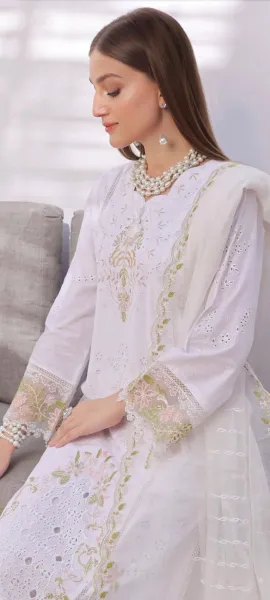 Pakistani Original Guzel Luxury Lawn Stitched 3Pcs _ White