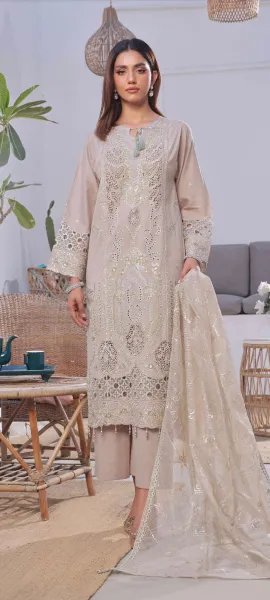 Pakistani Original Guzel Luxury Lawn Stitched 3Pcs _ Golden Beige