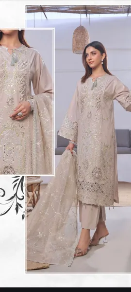 Pakistani Original Guzel Luxury Lawn Stitched 3Pcs _ Golden Beige
