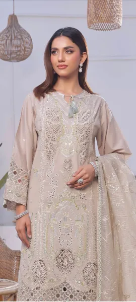 Pakistani Original Guzel Luxury Lawn Stitched 3Pcs _ Golden Beige