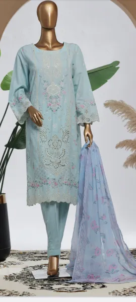 Pakistani Original Bin Saeed Luxury Plain Cotton Stitched 3 Pcs _ Powder Blue 