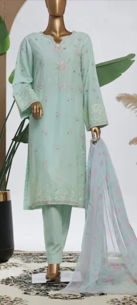Pakistani Original Bin Saeed Luxury Plain Cotton Stitched 3 Pcs _ Mint 