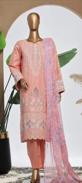 Pakistani Original Bin Saeed Luxury Plain Cotton Stitched 3 Pcs _ Peachy Pink 