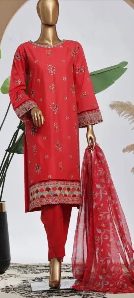Pakistani Original Bin Saeed Luxury Plain Cotton Stitched 3 Pcs _ Coral Red 