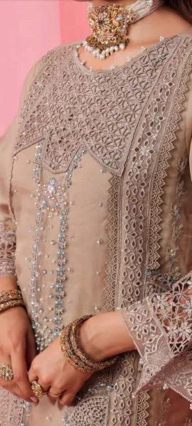 Pakistani Original Guzel Luxury Formal Organza Stitched 3Pcs _ Beige Gray 