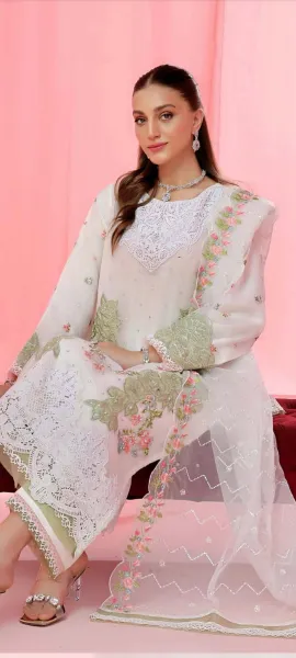 Pakistani Original Guzel Luxury Formal Organza Stitched 3Pcs _ White 
