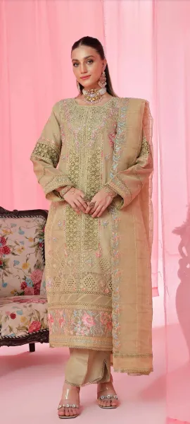Pakistani Original Guzel Luxury Formal Organza Stitched 3Pcs _ Golden Beige 
