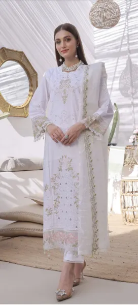 Pakistani Original Guzel Luxury Lawn Stitched 3Pcs _ White