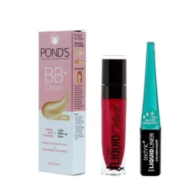 Ponds BB+ Cream 18g & Wet n Wild Matte Lipstick - Missy and Fierce & Technic Eyeliner - Black Combo