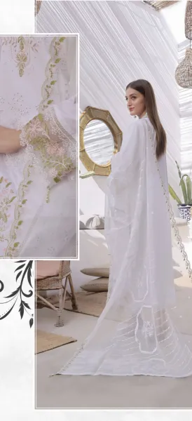 Pakistani Original Guzel Luxury Lawn Stitched 3Pcs _ White