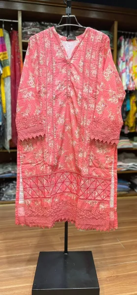 Pakistani Original Sadabahar Luxury Lawn Laceworok-Cutwork Stitched 3Pcs _ Coral Pink 