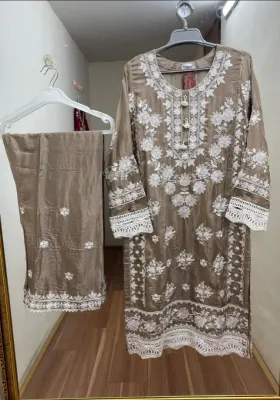 Pakistani Cotton Silk Embroidered Stitched 2Pcs _ Golden Beige
