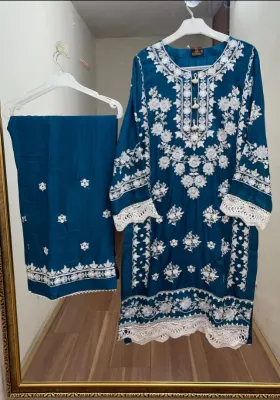 Pakistani Cotton Silk Embroidered Stitched 2Pcs _ Sea Blue 