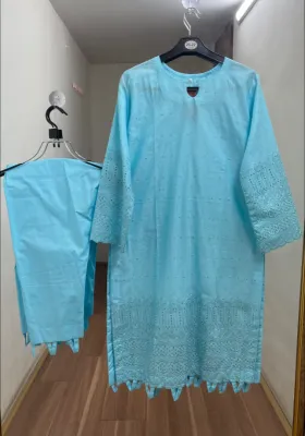 Pakistani Cotton Chikankari Coords Set by M.I.Creation _ Sky Blue  