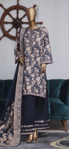 Pakistani Original Bin Saeed Lawn Stitched 3 Pcs with Farshi Salwar _ Sea Blue 