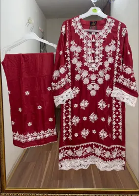Pakistani Cotton Silk Embroidered Stitched 2Pcs _ Red 