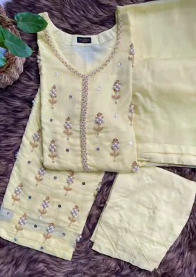 Pakistani Handwork Chiffon Stitched 3Pcs_ Baby Yellow