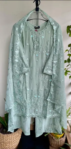 Pakistani Original Rangoon Luxury Chiffon stitched 3 Pcs _ Mint 