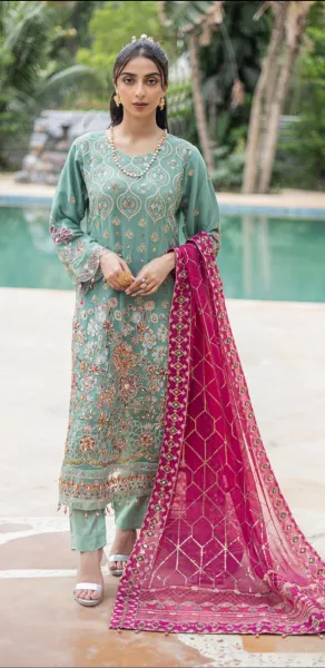 Pakistani Stitched Luxury Chiffon Embroidered Fancy 3Pcs _ Aqua Green