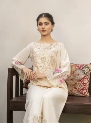 Pakistani Sahibas by Mirza Jacquard Embroidered Coord Set _ Off White 