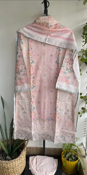 Pakistani Original Bin Saeed Cotton Chickankari Stitched 3Pcs_ Peachy  Pink 