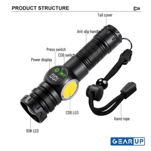 GearUP K60 Outdoor Flashlight Telescopic Zoom 10W COB+LED 800 Lumens Torchlight