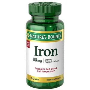 Nature's Bounty Iron 65mg, 325 mg Ferrous Sulfate 100 Tablets