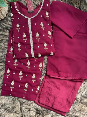 Pakistani Handwork Chiffon Stitched 3Pcs _ Maroon  