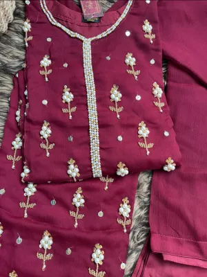 Pakistani Handwork Chiffon Stitched 3Pcs _ Maroon  