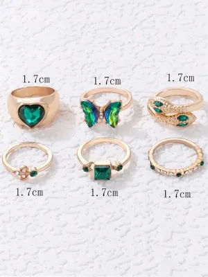 6 Pcs Green Butterfly Love Snake Finger Ring