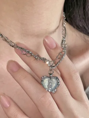 Aesthetic Blue Moonstone Opal Heart Necklace