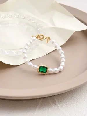 Green Square Crystal Pearl Bracelet 