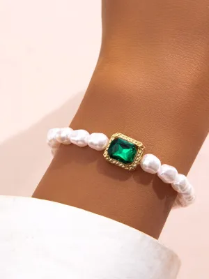 Green Square Crystal Pearl Bracelet 