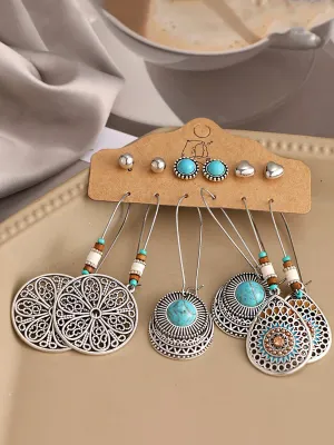 6 Pairs Oxidised Multicolor Ethnic Stud and Drop Earrings Set 