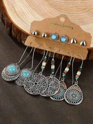 6 Pairs Oxidised Multicolor Ethnic Stud and Drop Earrings Set 