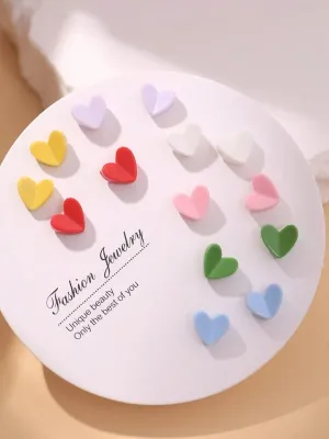 7 Pair Colourful  Love Shape Stud Earrings Set (1 Pata) 