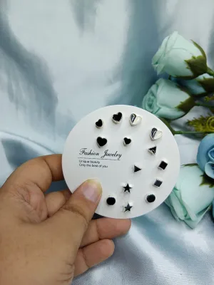 7 Pairs Multi Design Black Stud Earrings Set 