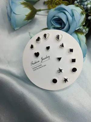 7 Pairs Multi Design Black Stud Earrings Set 