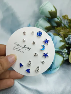 7 Pairs Blue Stud Earrings Set 