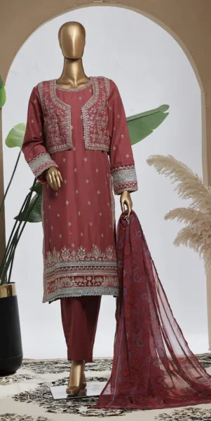 Pakistani Original Bin Saeed Luxury Plain Cotton Stitched 3 Pcs _ Mineral Red 
